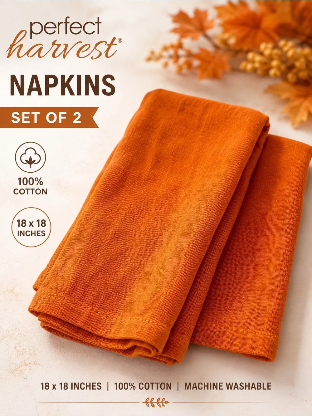 Perfect Harvest Orange Cotton Napkins Set of 2 Fall Thanksgiving 18x18